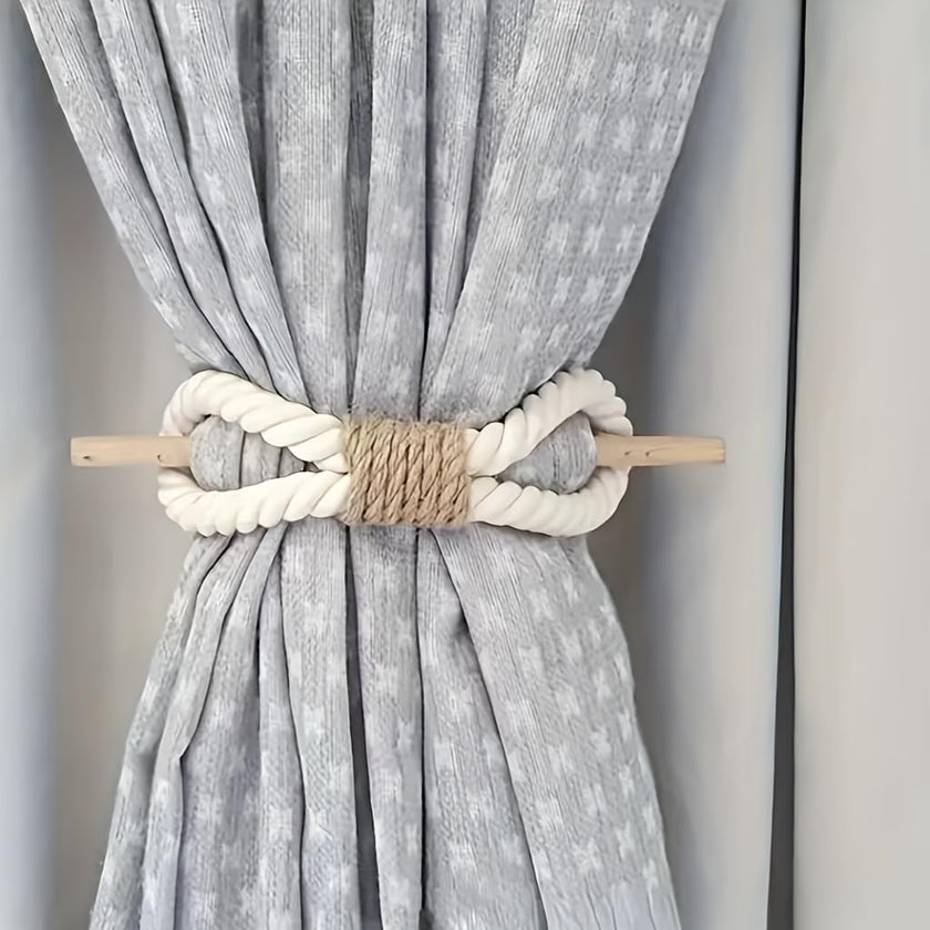 Boho Curtain Tie Backs | Natural Hemp Rope & Wood | Rustic Home Decor - Set of 2-0