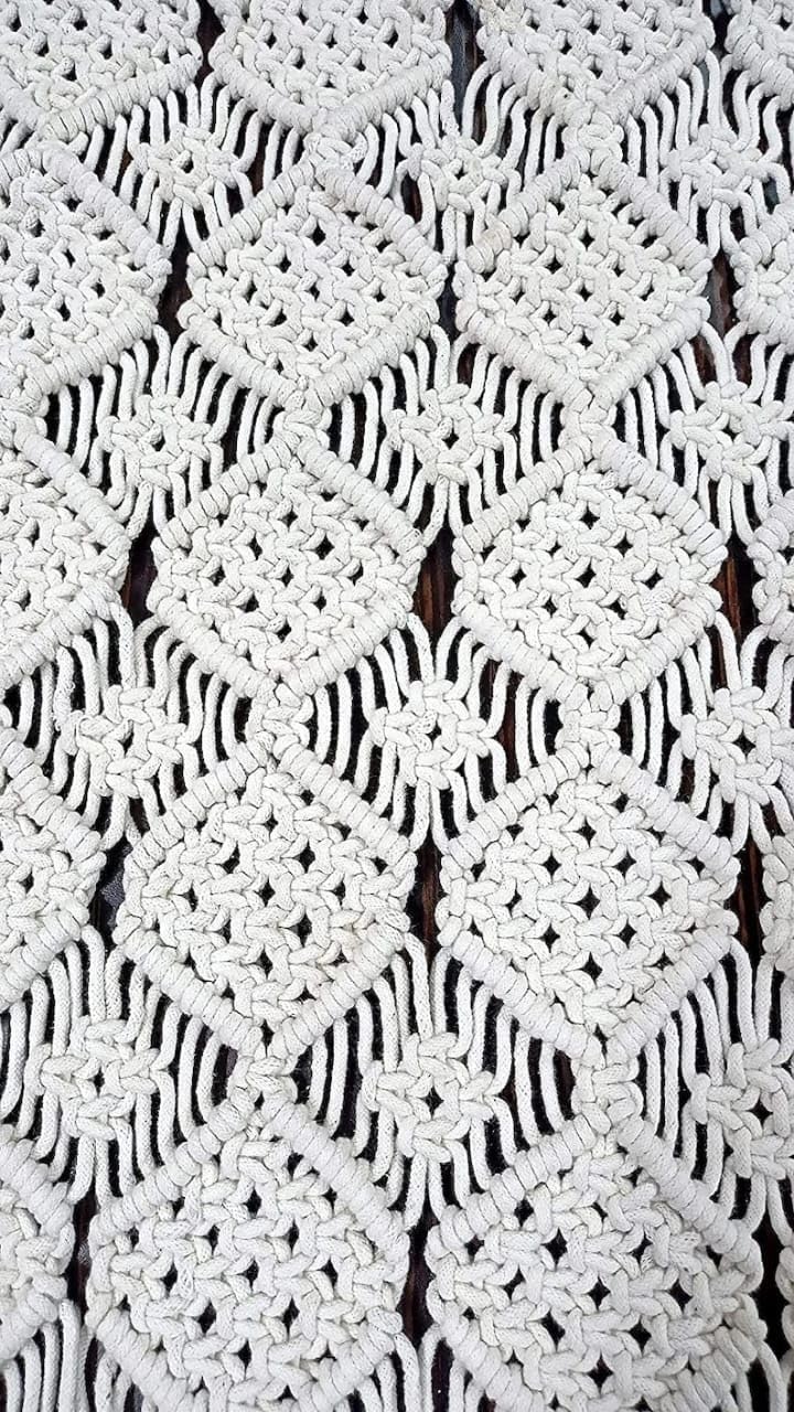 Handmade Cotton Macrame Table Runner | Natural Beige Diamond Pattern Boho Runner | 14x72