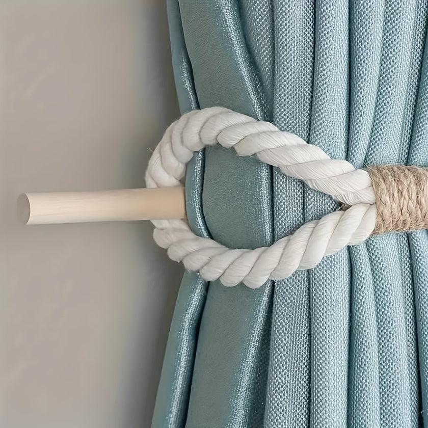 Boho Curtain Tie Backs | Natural Hemp Rope & Wood | Rustic Home Decor - Set of 2-1