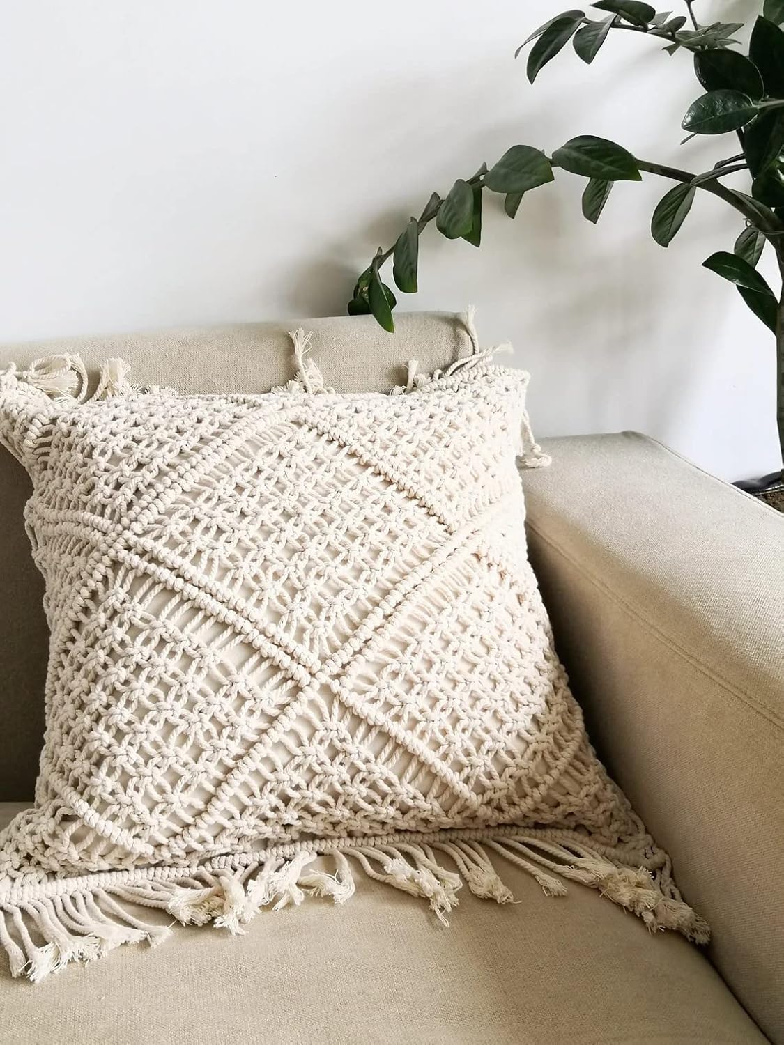 Handmade Macrame Cushion Cover | Cotton Cushion Cover with Fringes | 40x40cm | Boho Decor-2