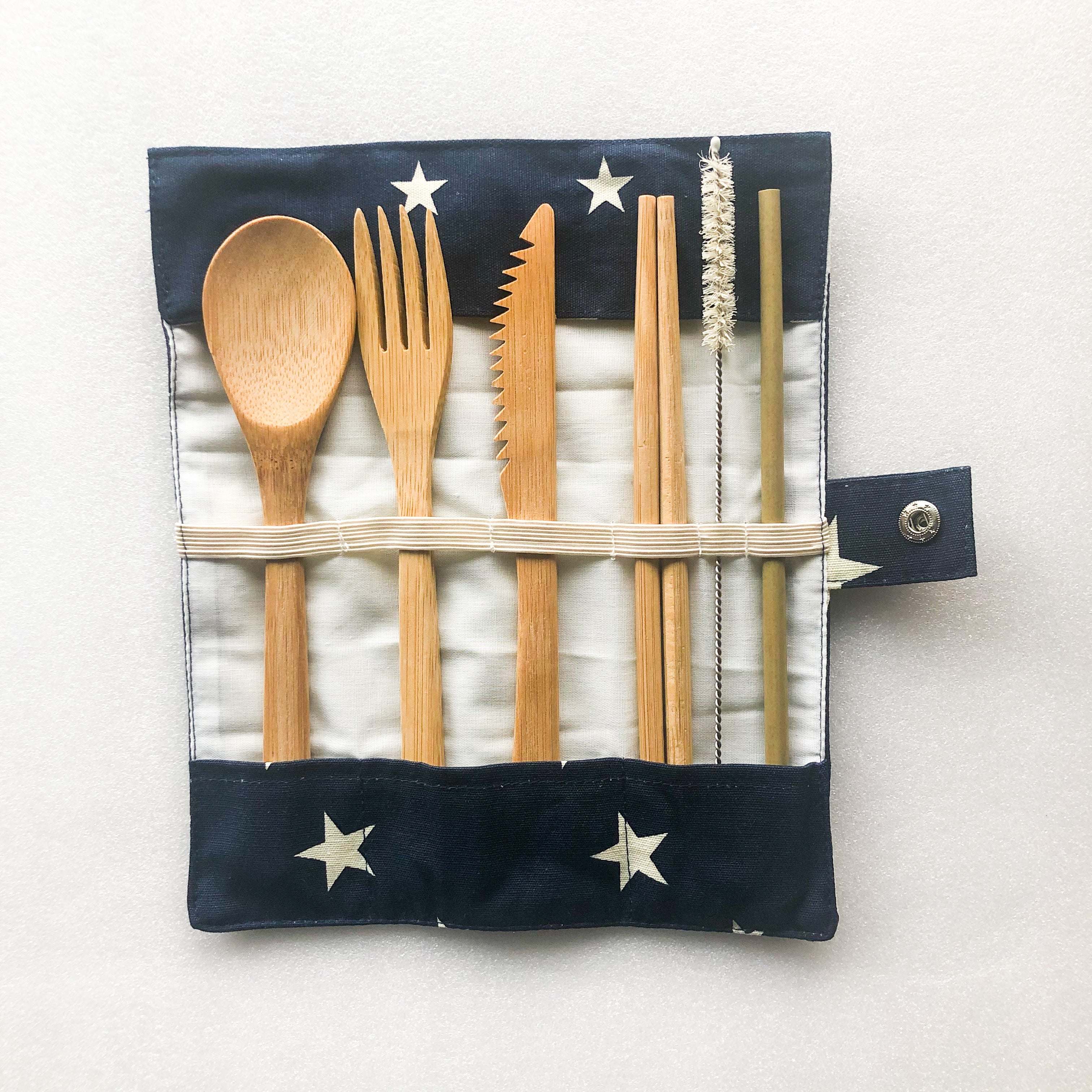 Bamboo Cutlery Set | Zero Waste Reusable | Washable Organic Cotton Travel Pouch & Hemp Cleaning Brush