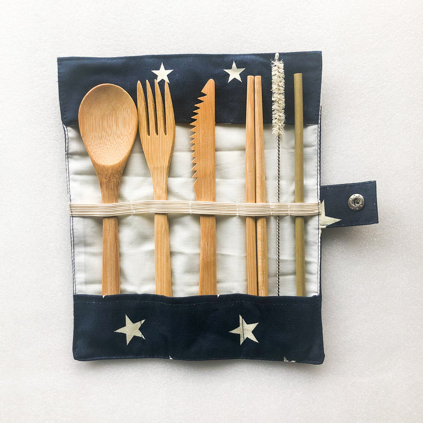 Bamboo Cutlery Set | Zero Waste Reusable | Washable Organic Cotton Travel Pouch & Hemp Cleaning Brush