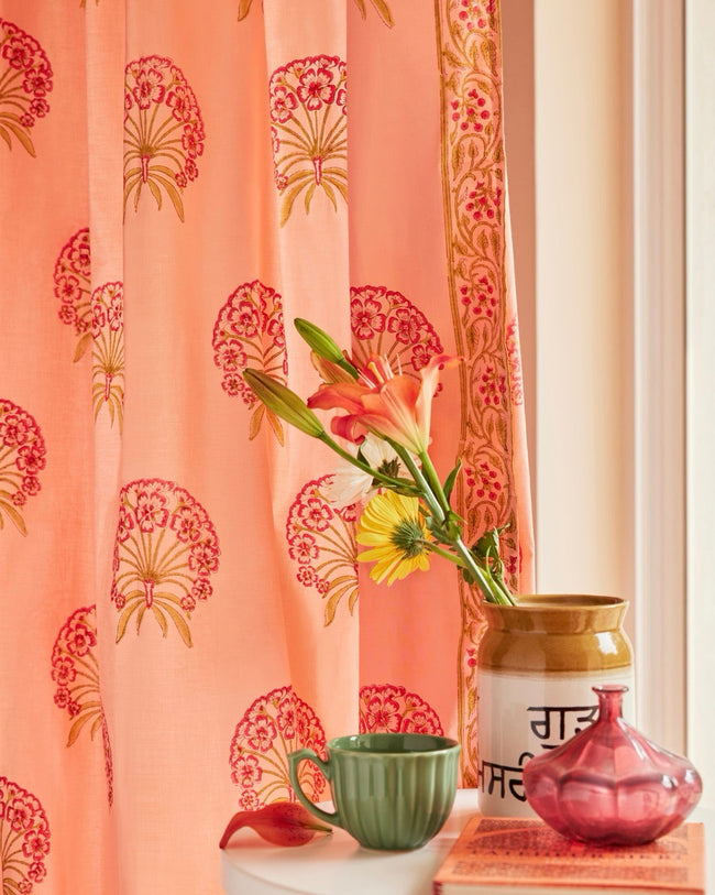 Pink & Green Hand Block Printed Linen Curtains | Floral Pattern | Privacy Opaque Light Filtering