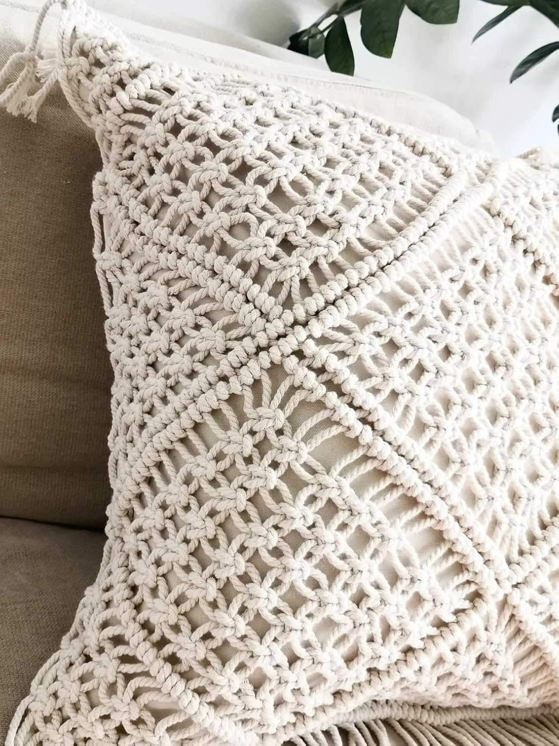 Handmade Macrame Cushion Cover | Cotton Cushion Cover with Fringes | 40x40cm | Boho Decor-3