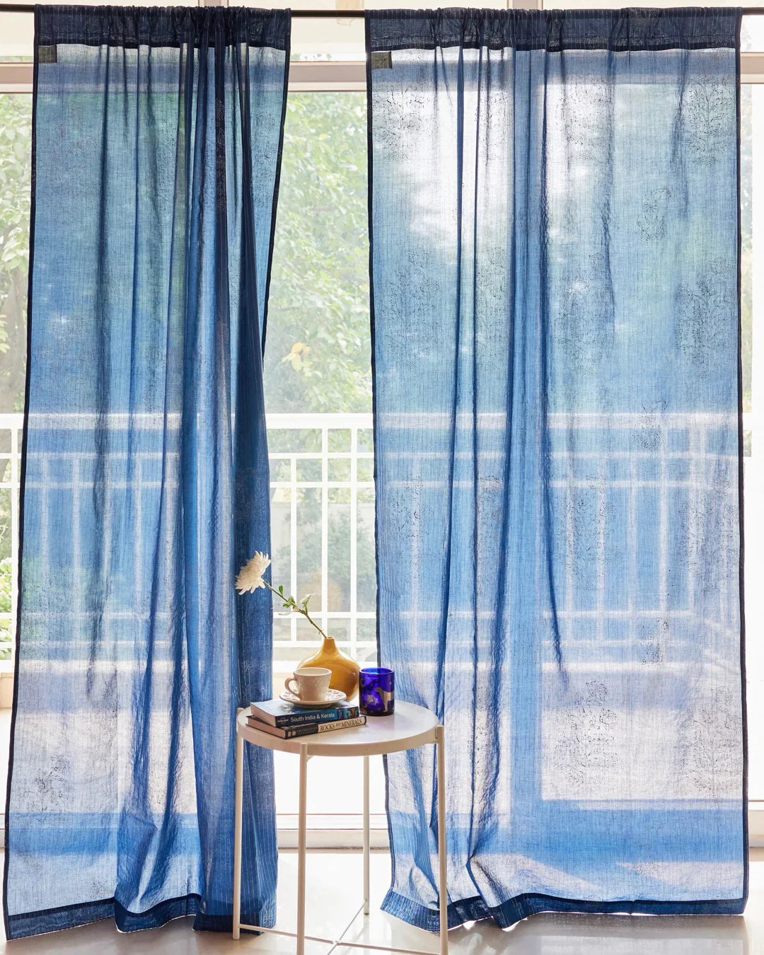 Indigo Hand Block Printed Linen Curtains | Floral & Stripe Design