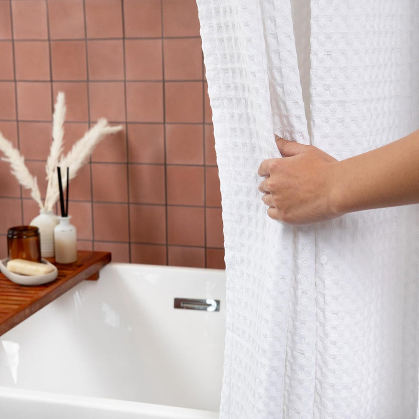 Organic Cotton Waffle Shower Curtain White | Mold Resistant, Quick Dry | Standard Sizes & Made to Measure-1