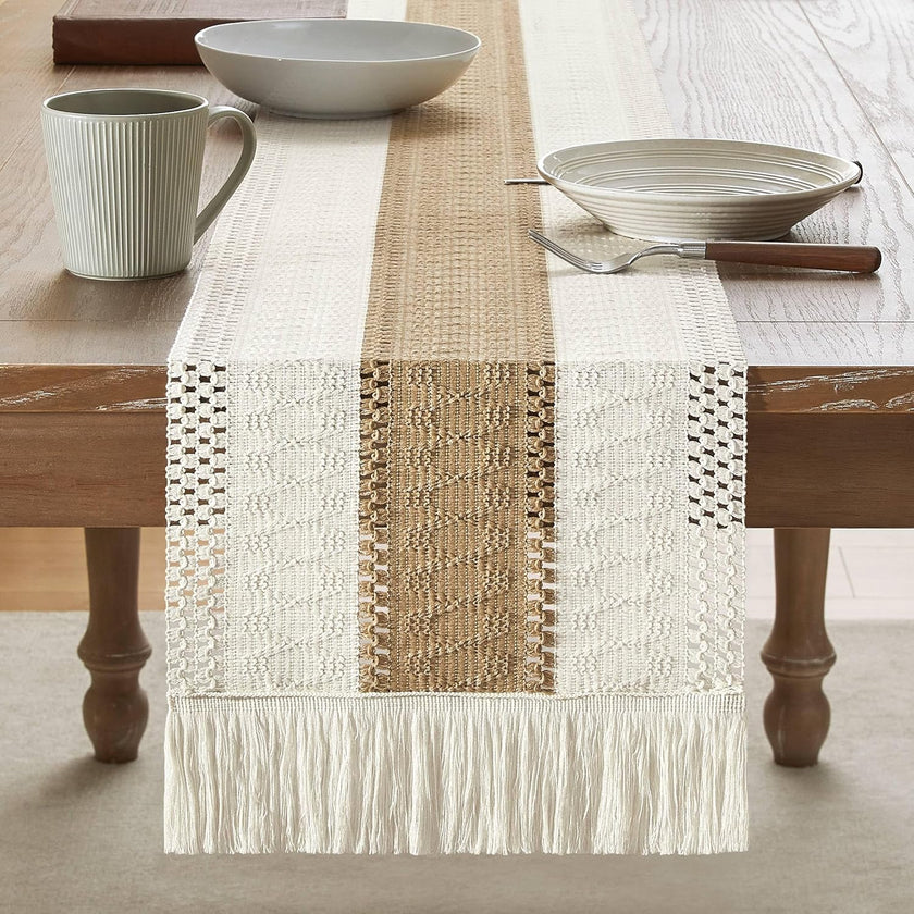 Handmade Cotton Table Runner | Boho Bicolor Woven Runner | Natural Cream & Brown | 12x72 Inches (30x183 cm)