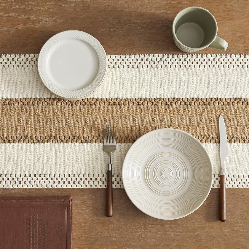 Handmade Cotton Table Runner | Boho Bicolor Woven Runner | Natural Cream & Brown | 12x72 Inches (30x183 cm)