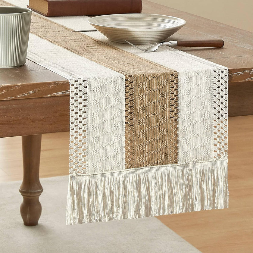 Handmade Cotton Table Runner | Boho Bicolor Woven Runner | Natural Cream & Brown | 12x72 Inches (30x183 cm)