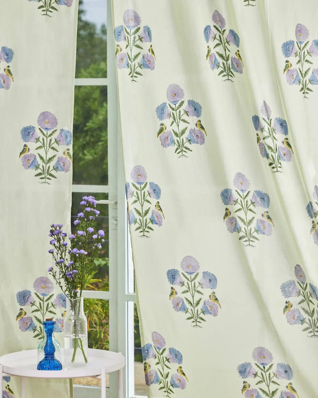 White & Purple Hand Block Printed Linen Curtains | Floral & Bird Design