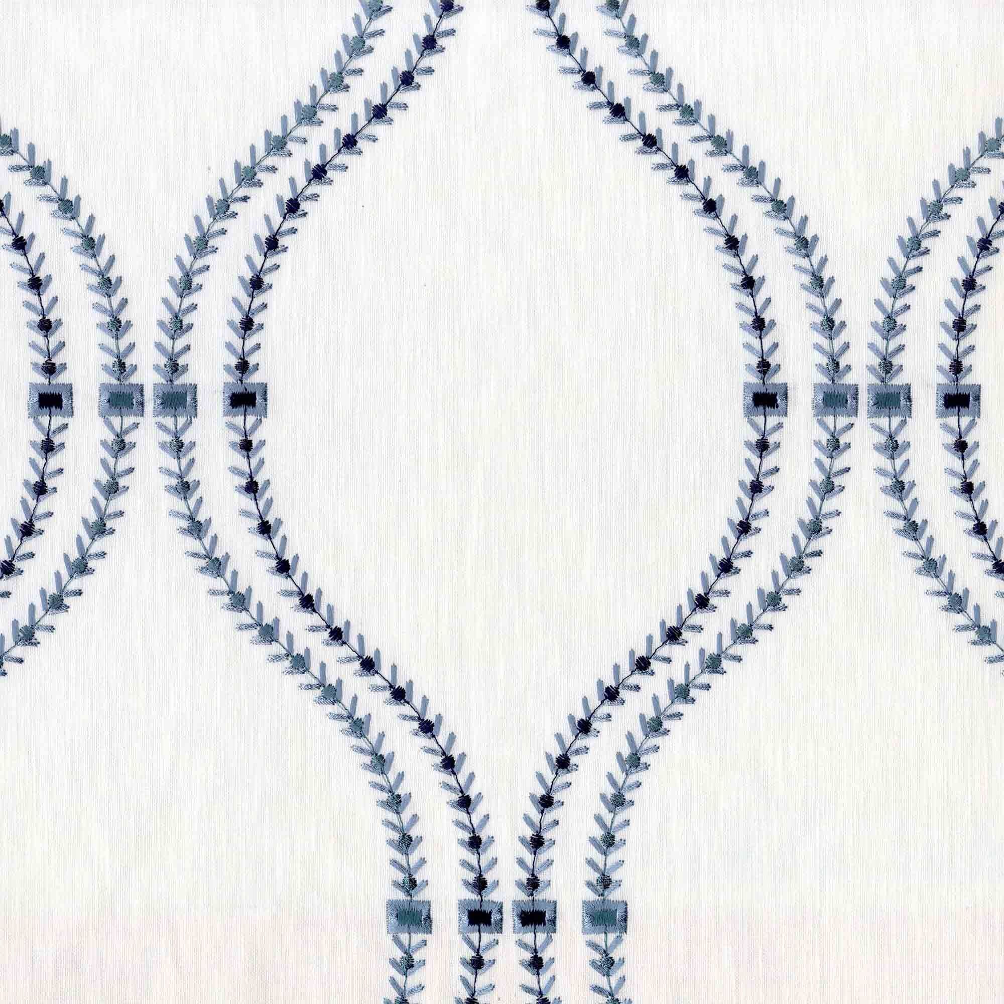 White & Navy Linen Sheer Curtains | Embroidered Ogee Trellis Design | Custom Sizes & Headings