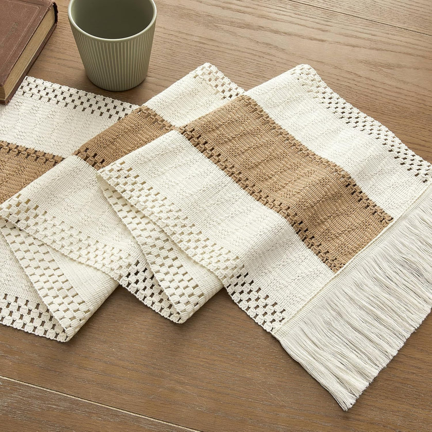 Handmade Cotton Table Runner | Boho Bicolor Woven Runner | Natural Cream & Brown | 12x72 Inches (30x183 cm)