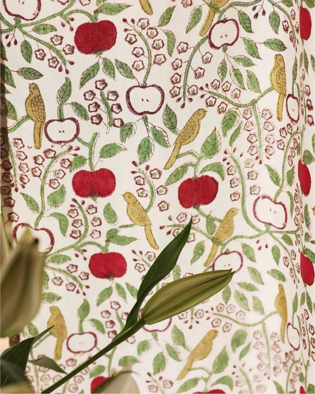 White & Red Hand Block Printed Linen Curtains | Apple & Bird Design