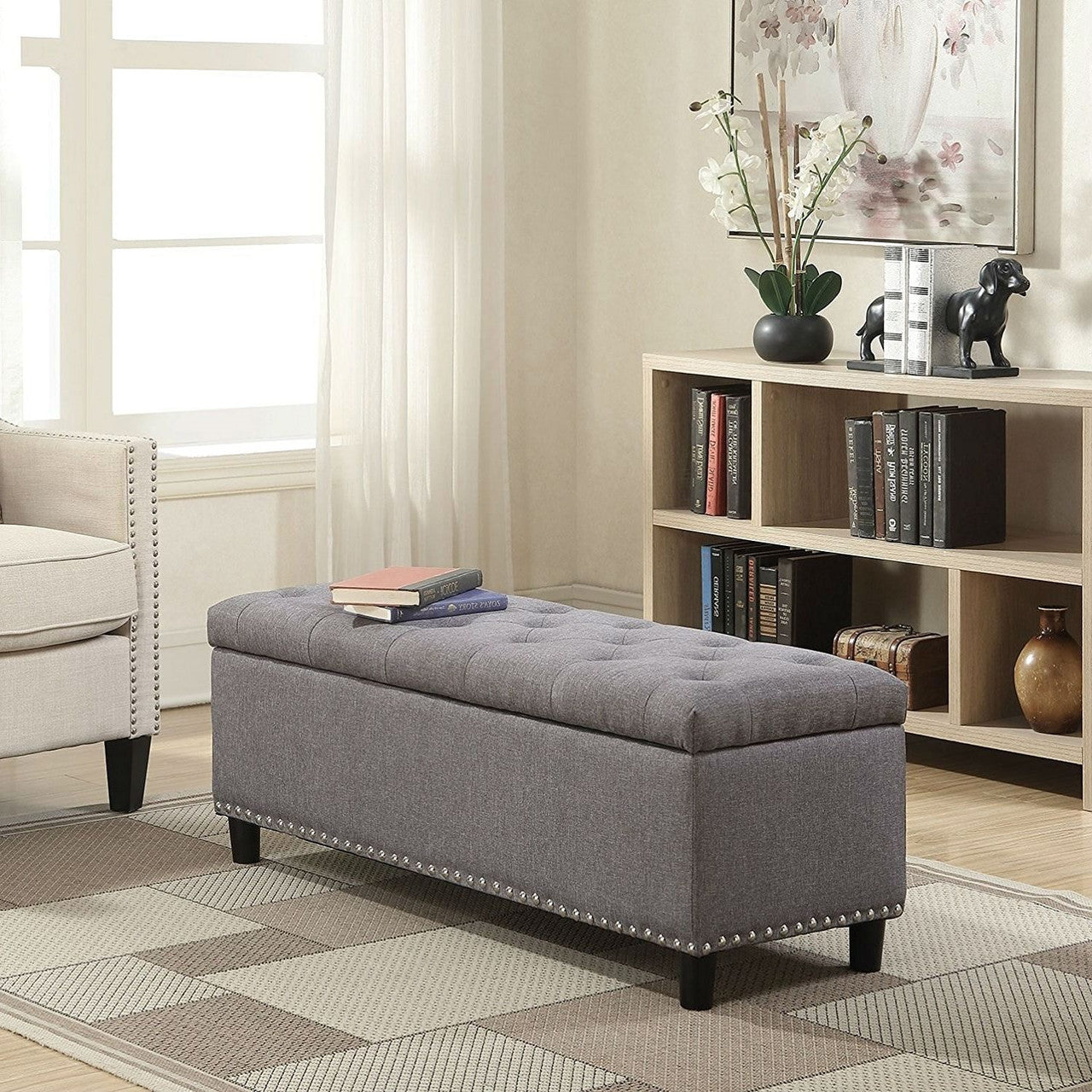 Grey Linen 48-inch Bedroom Storage Ottoman Bench Footrest-2