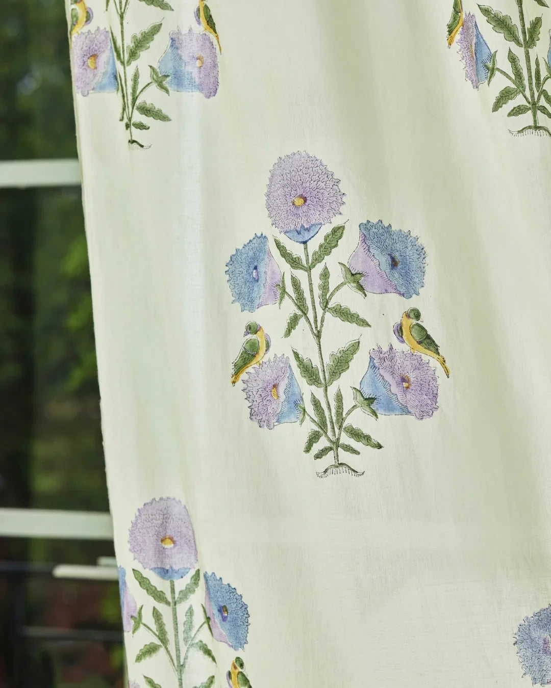 White & Purple Hand Block Printed Linen Curtains | Floral & Bird Design