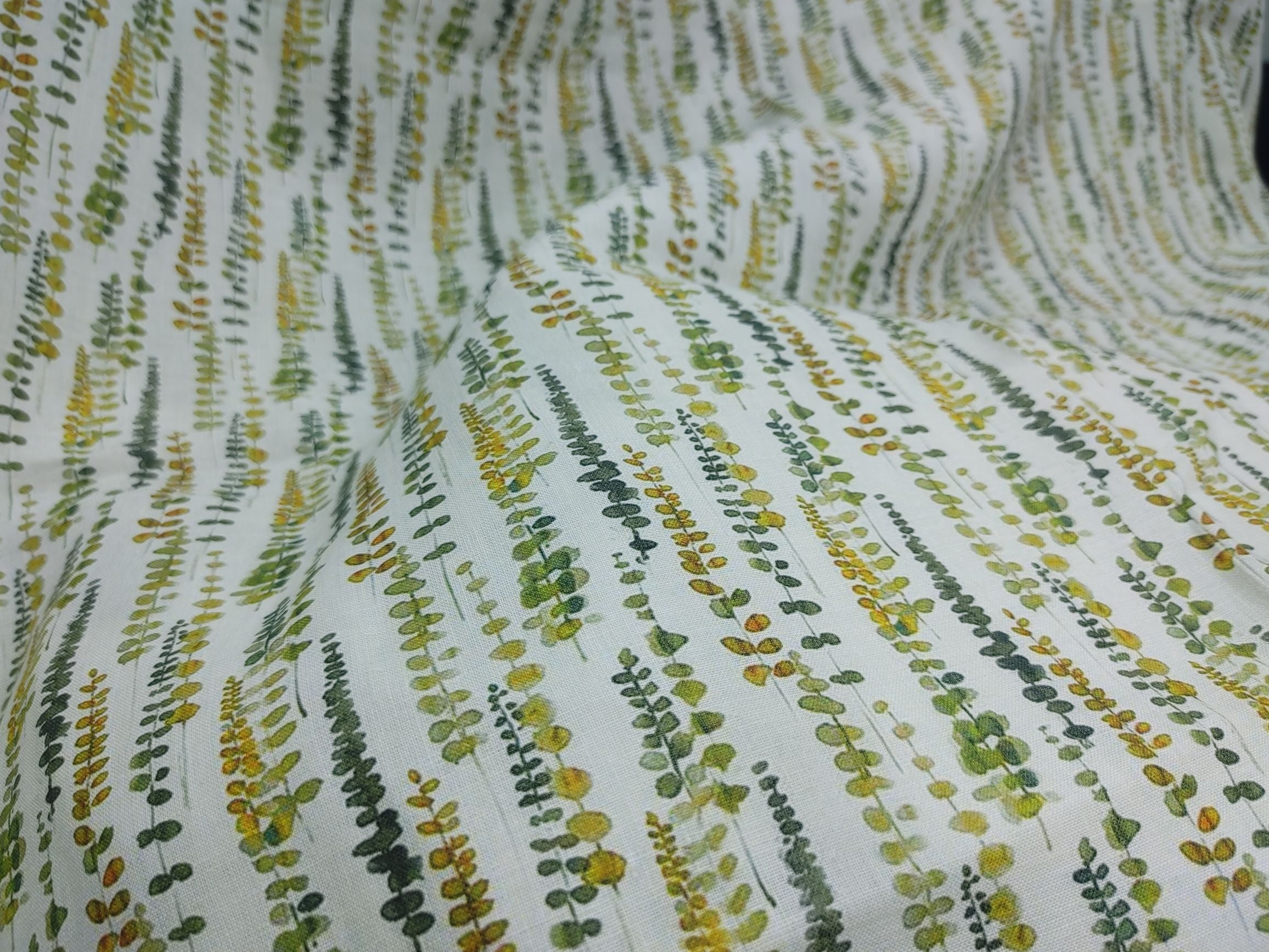 Organic Hemp Fabric - Leaf Print | Green & Yellow | 145gsm | Soft & Breathable