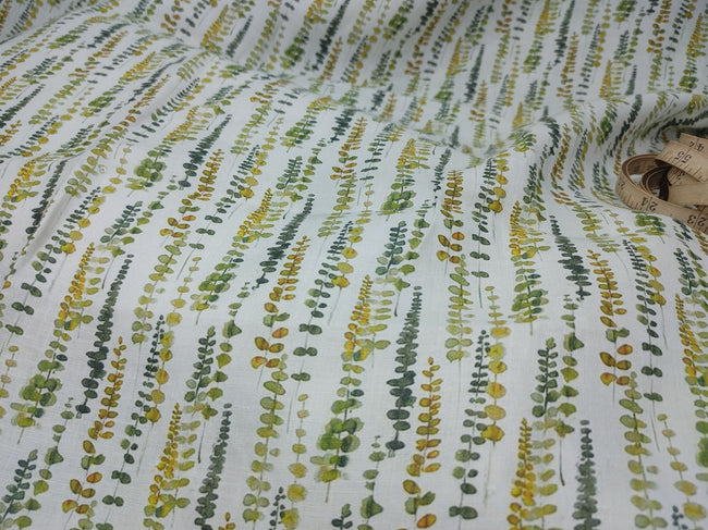 Organic Hemp Fabric - Leaf Print | Green & Yellow | 145gsm | Soft & Breathable