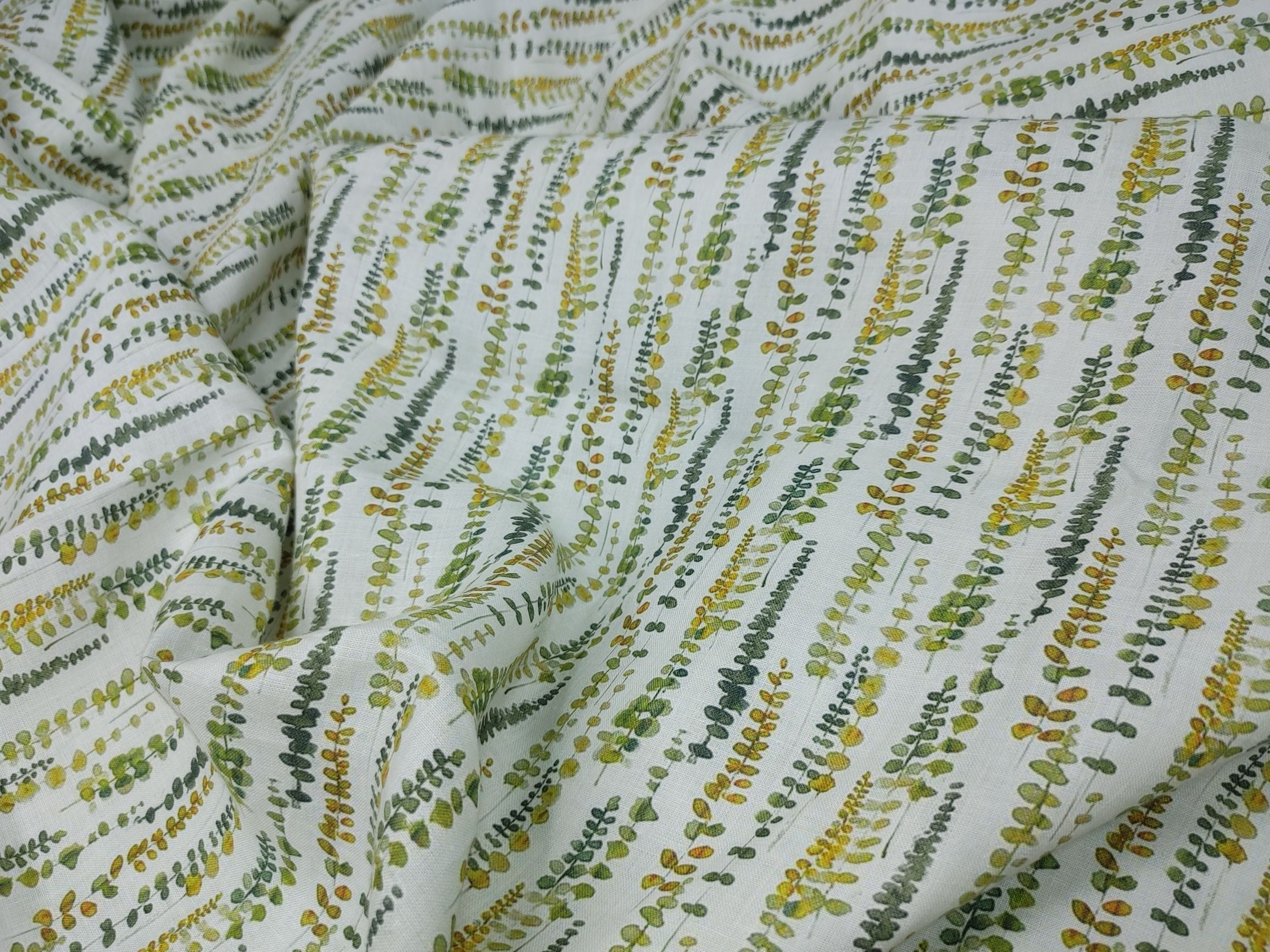 Organic Hemp Fabric - Leaf Print | Green & Yellow | 145gsm | Soft & Breathable