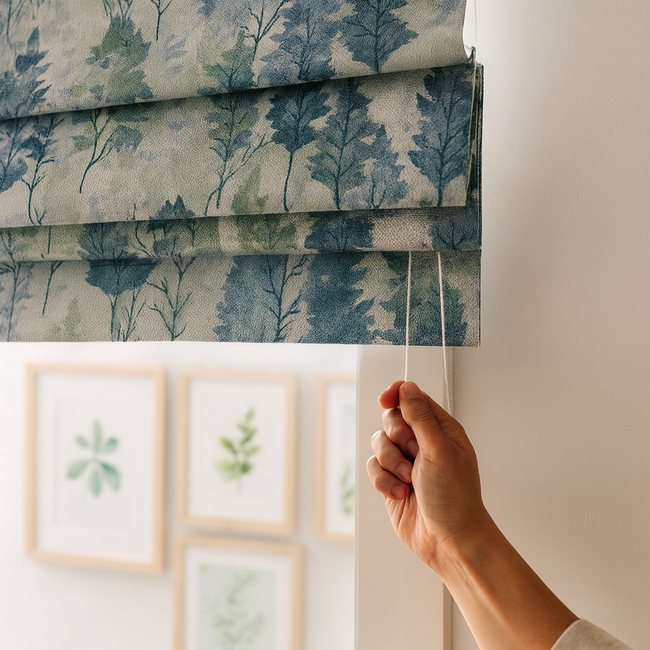 Custom Made-to-Measure Watercolour Woodland Linen Roman Blind – Blue & Sage Forest Print – Blackout or Light-Filtering – OEKO-TEX® Certified – Worldwide Delivery