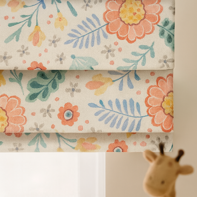 Floral Printed Pure Linen Roman Blind for Kids Room or Nursery – Custom Size – Light Filtering or 100% Blackout Lining
