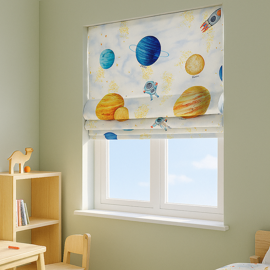 Solar System Adventure Pure Linen Roman Blind – Made-to-Measure Kids & Nursery | Light-Filter or Blackout