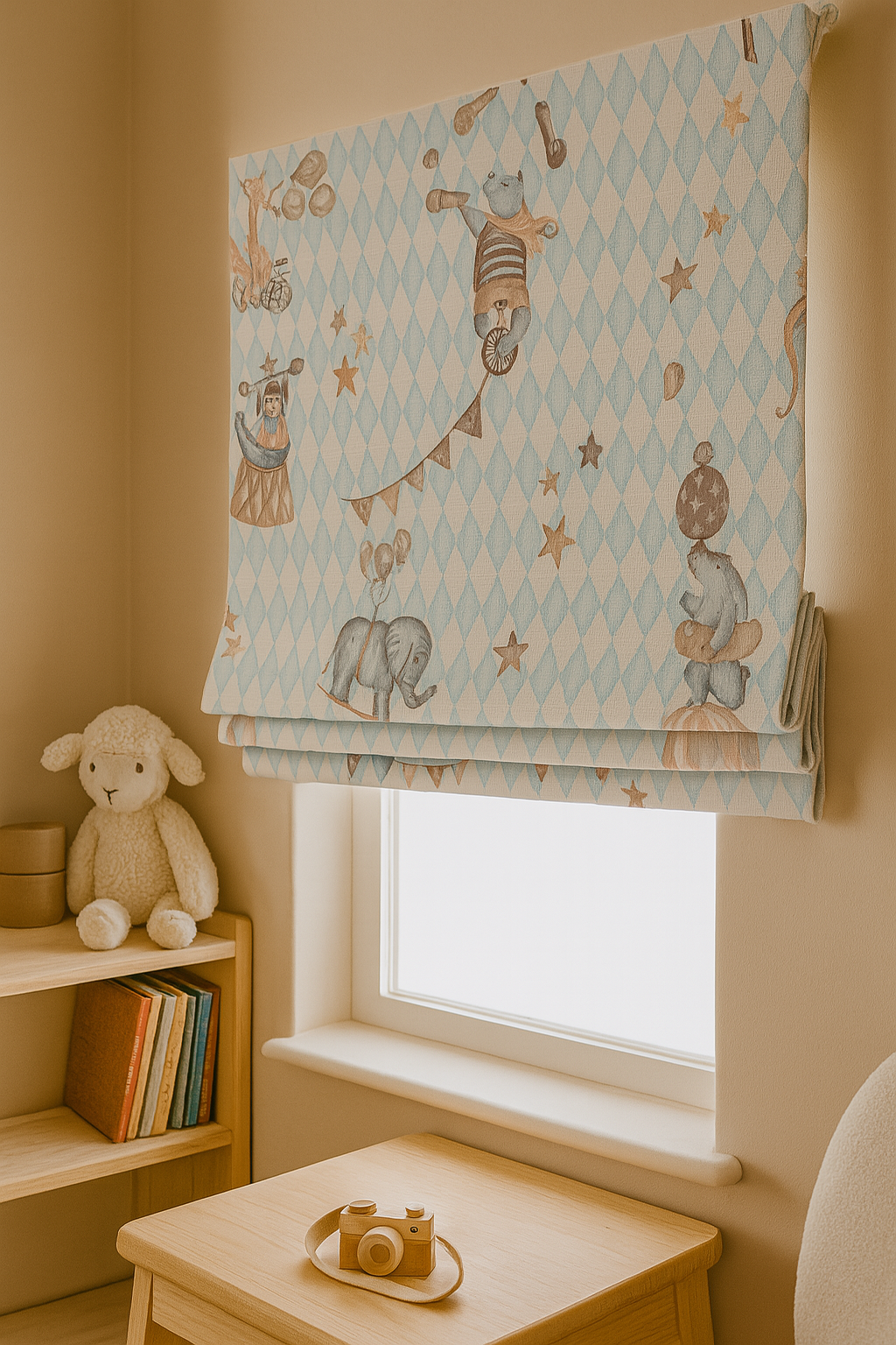 Vintage Circus Pure Linen Roman Blind – 5 Whimsical Colourways | Custom Kids & Nursery