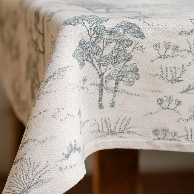 Organic Linen Tablecloth – Rustic Toile Design – 5 Colours – Rectangular, Square & Round Sizes