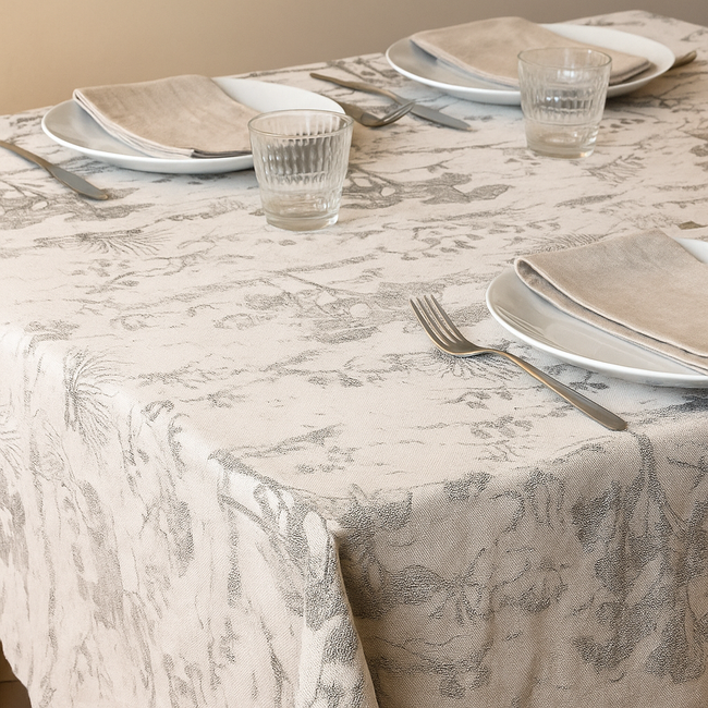 Organic Linen Tablecloth – Rustic Toile Design – 5 Colours – Rectangular, Square & Round Sizes