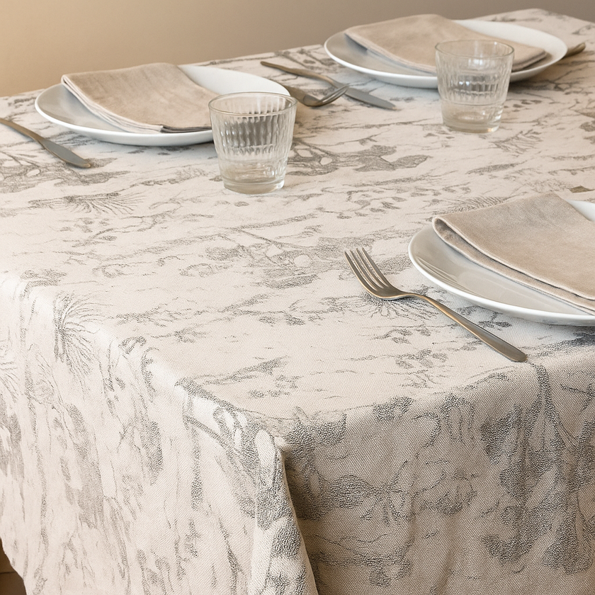 Organic Linen Tablecloth – Rustic Toile Design – 5 Colours – Rectangular, Square & Round Sizes