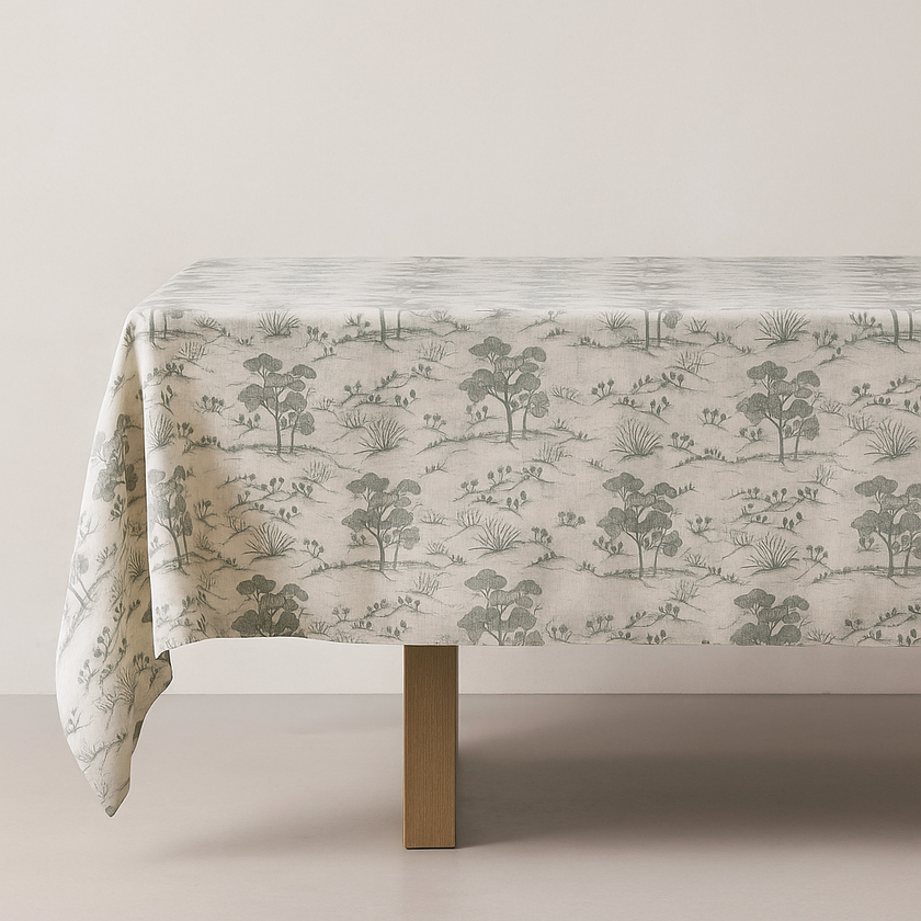 Organic Linen Tablecloth – Rustic Toile Design – 5 Colours – Rectangular, Square & Round Sizes