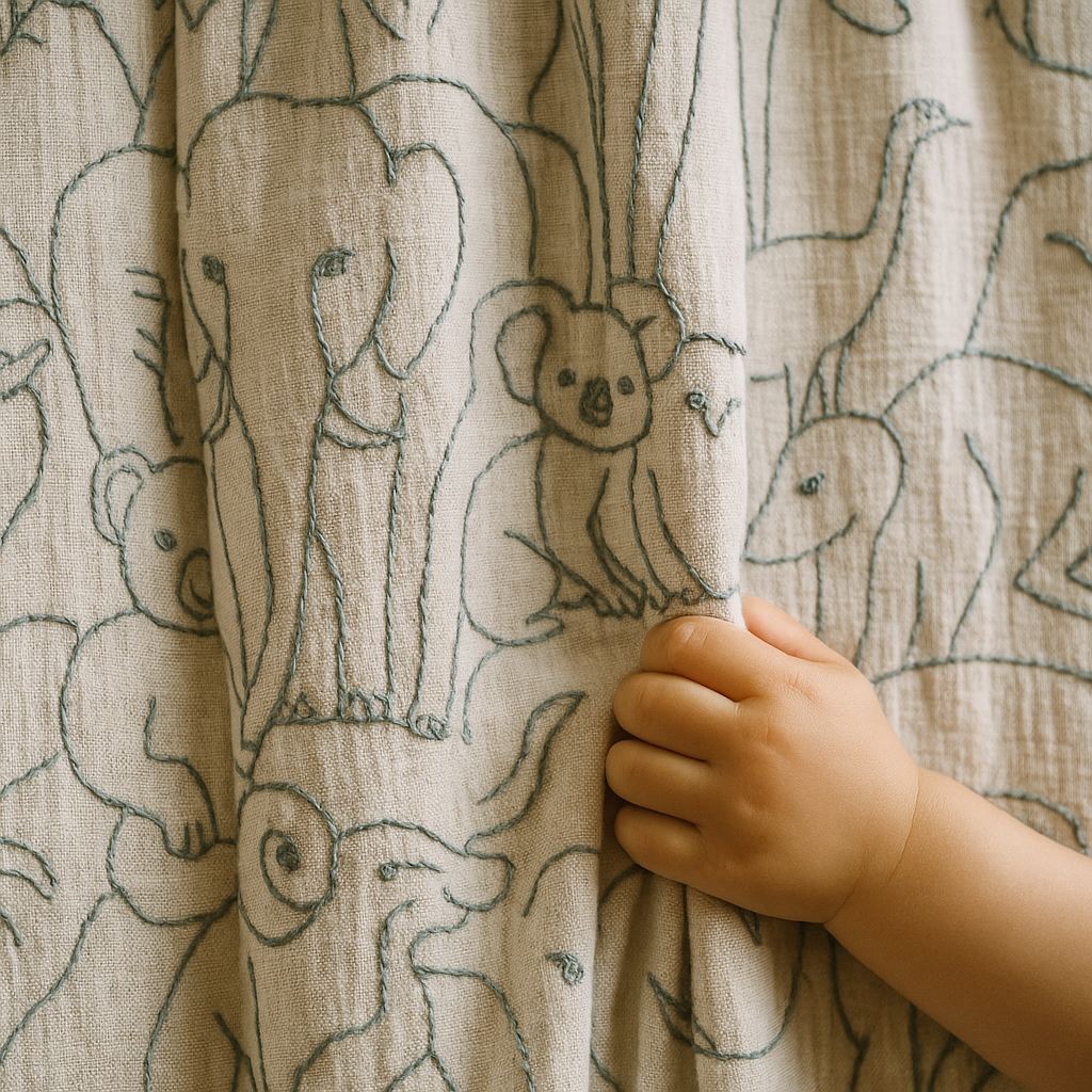 Embroidered Animal Linen Curtains for Kids Room – Custom Sizes – Blackout or Cotton Lined – Single or Pair