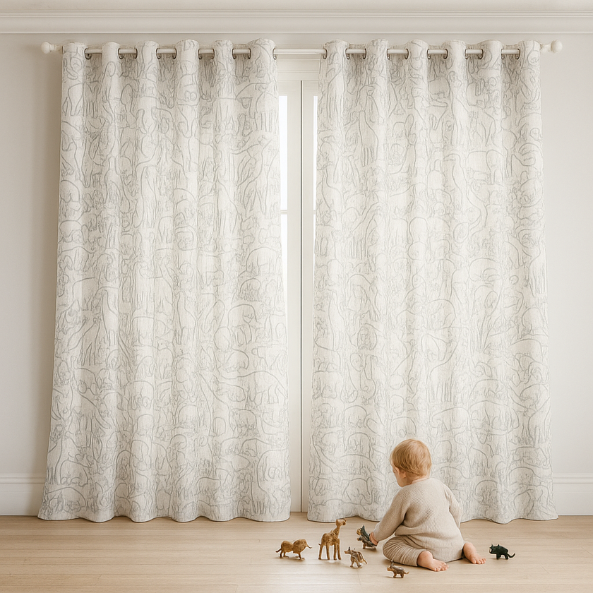 Embroidered Animal Linen Curtains for Kids Room – Custom Sizes – Blackout or Cotton Lined – Single or Pair