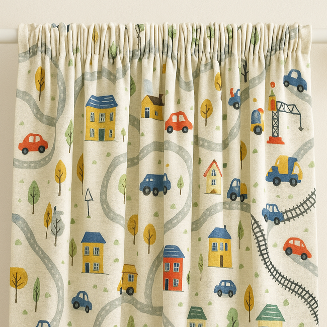Kids Linen Road Map Curtains — Extra Wide, Blackout or Light Filtering, Custom Sizes