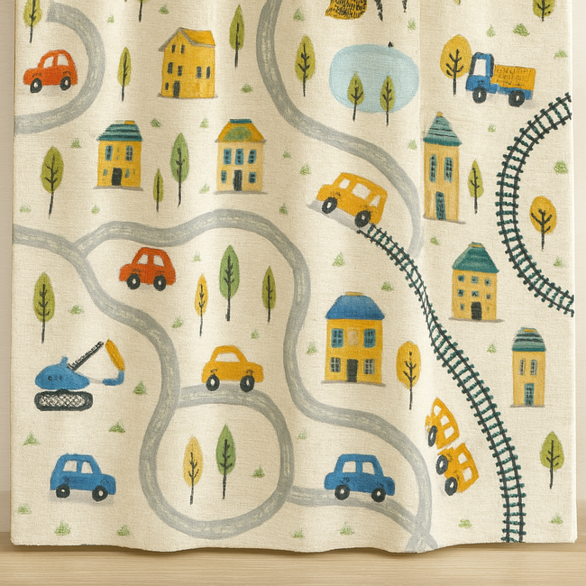 Kids Linen Road Map Curtains — Extra Wide, Blackout or Light Filtering, Custom Sizes