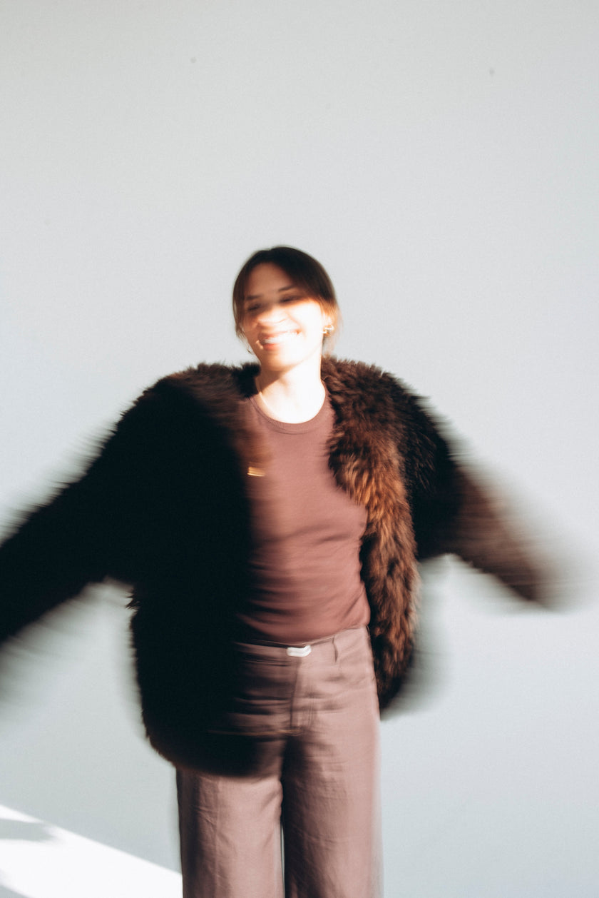 Sheepskin Fur / Coat with Burgundy Silk Lining - Brown-2