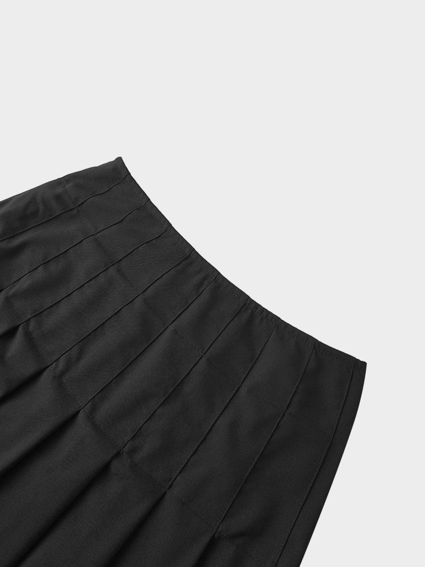 Stitch Down Pleated Wool Skirt-Black-2
