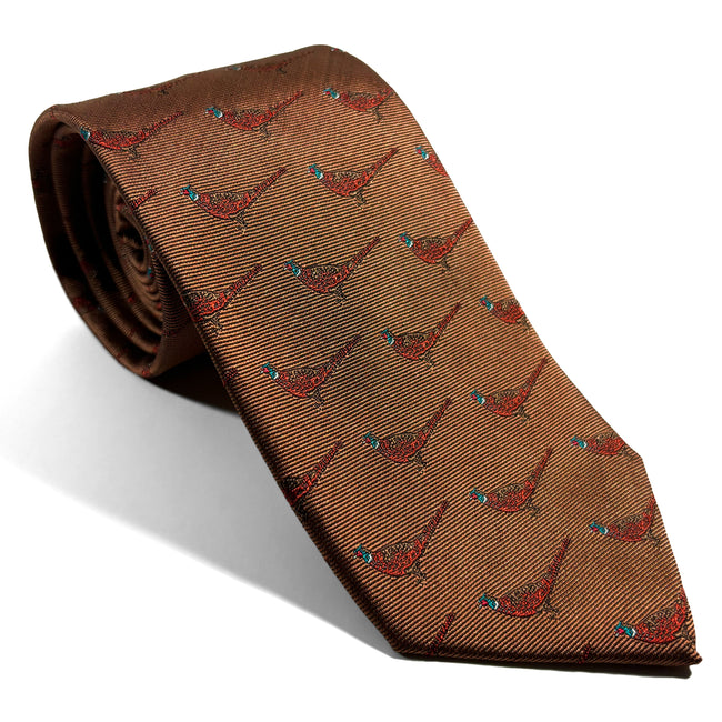 Brown Pheasant Motif Silk Jacquard Tie-0