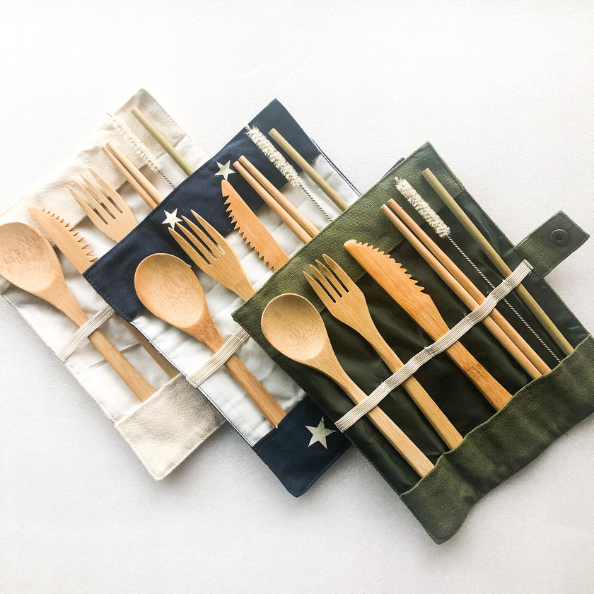 Bamboo Cutlery Set | Zero Waste Reusable | Washable Organic Cotton Travel Pouch & Hemp Cleaning Brush