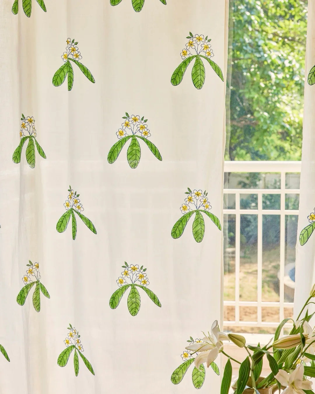 White & Green Hand Block Printed Linen Curtains | Frangipani Design