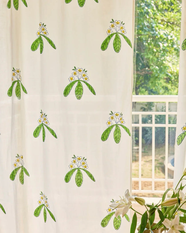 White & Green Hand Block Printed Linen Curtains | Frangipani Design