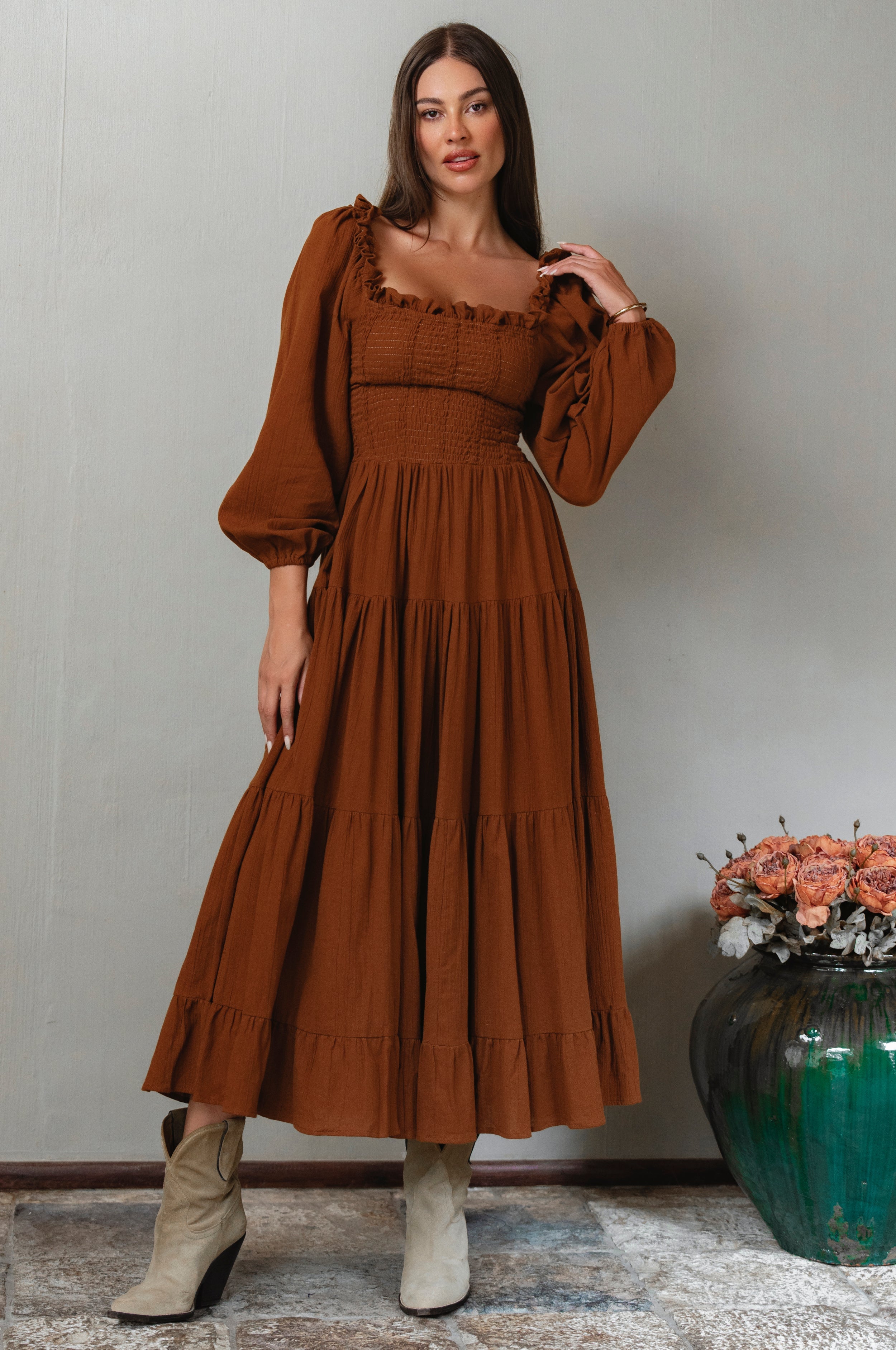 Evangeline Tiered Linen Midi Dress-5