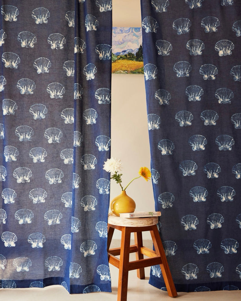 Indigo Hand Block Printed Linen Curtains | Seashell Pattern-0