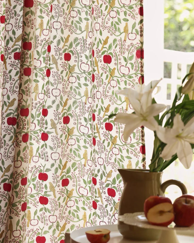 White & Red Hand Block Printed Linen Curtains | Apple & Bird Design