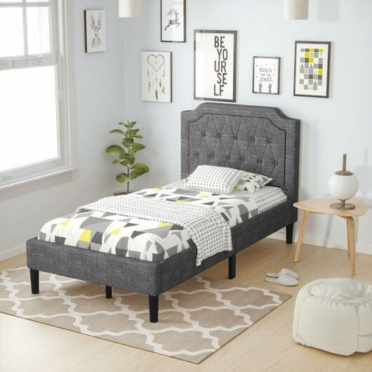 Linen Twin Upholstered Platform Bed with Frame Headboard Mattress Foundation-1