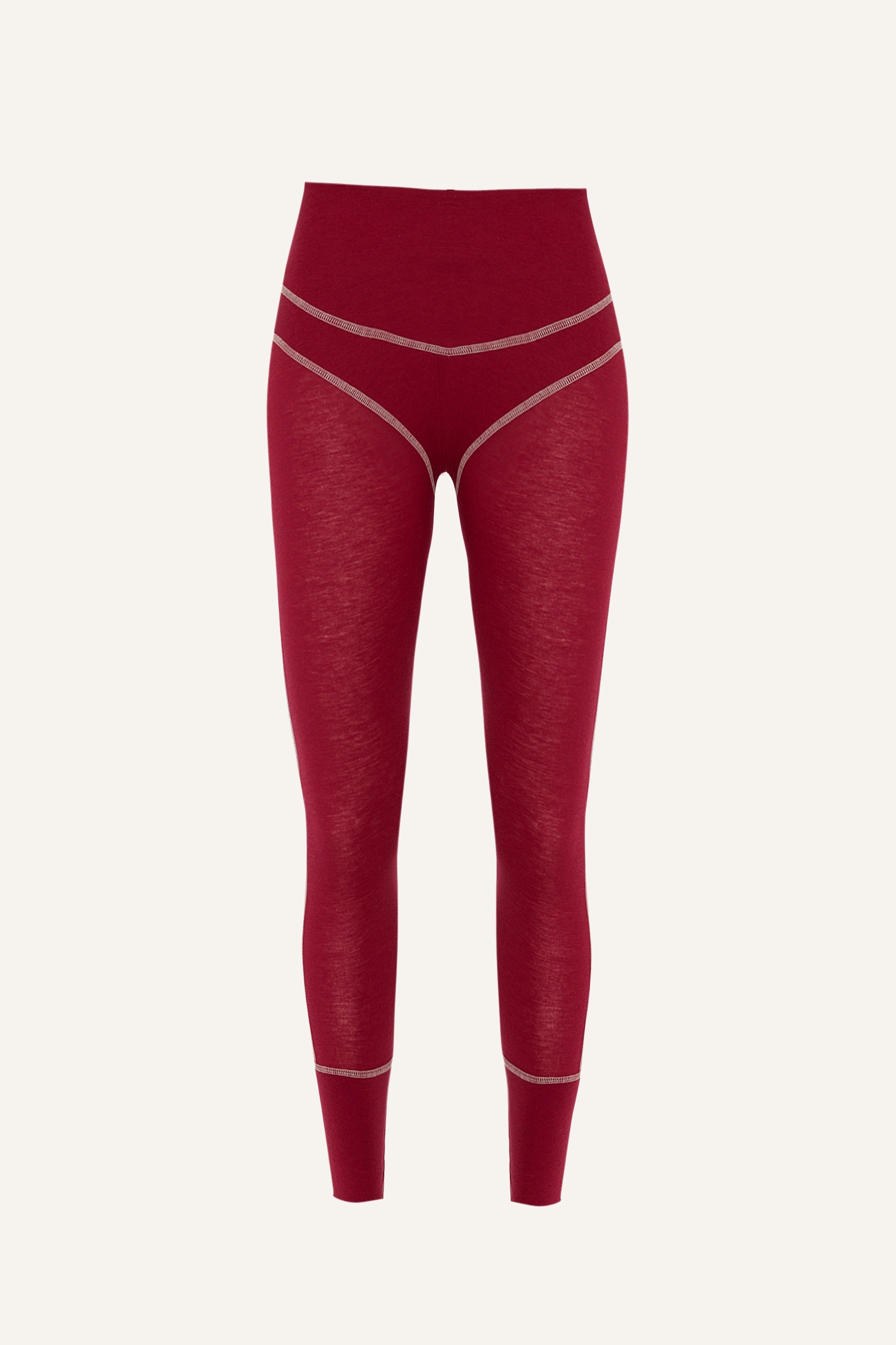 Women's Lyocell/Wool Sports Leggings - Burgundy (Cream Thread)-0