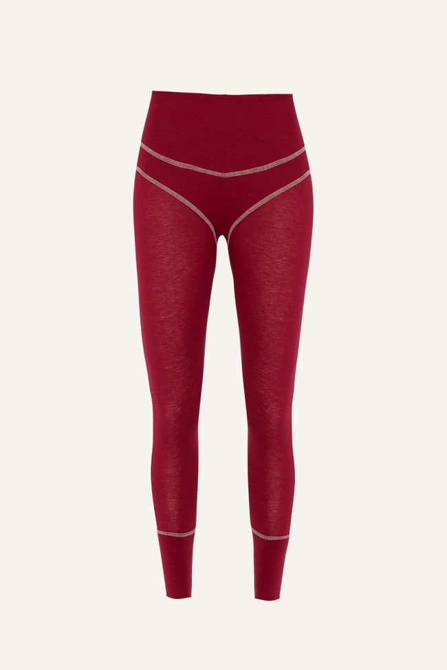 Women's Lyocell/Wool Sports Leggings - Burgundy (Cream Thread)-0