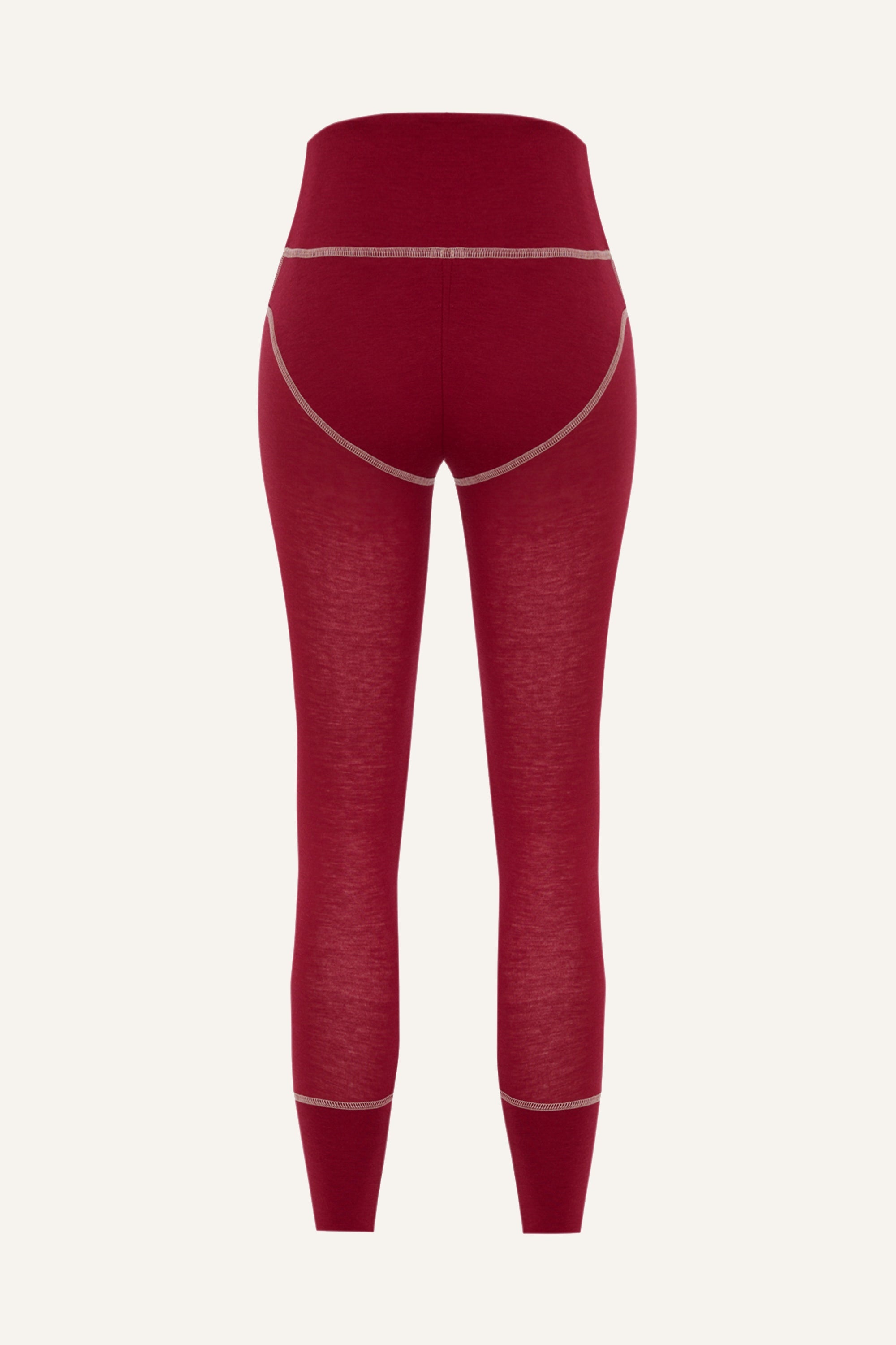 Women's Lyocell/Wool Sports Leggings - Burgundy (Cream Thread)-2