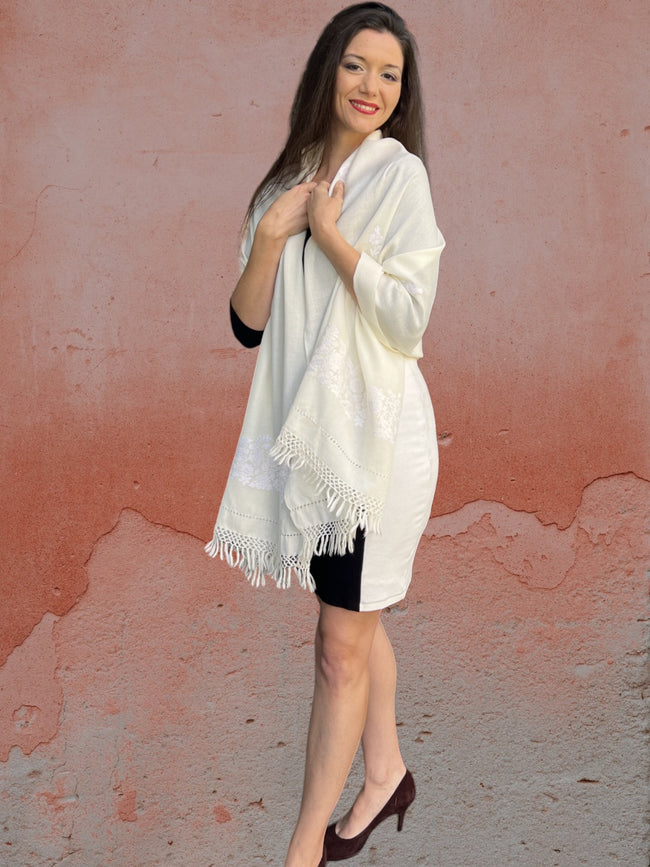 Ivory Embroidered Wool Wrap-0