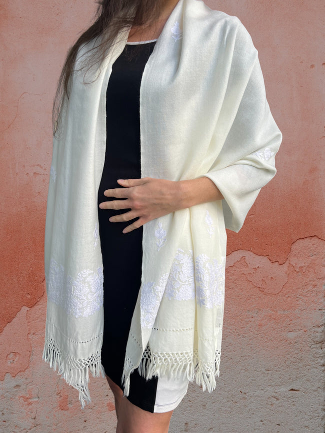 Ivory Embroidered Wool Wrap-1