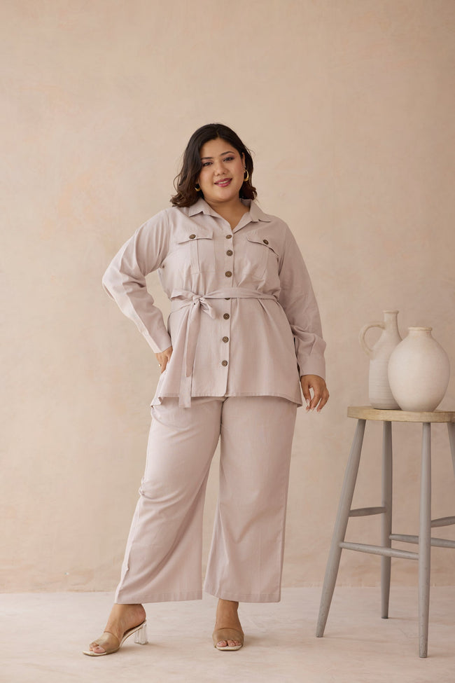 Blush Beige Top & Bottom Cotton Co-ord Set with Cargo Pockets-1